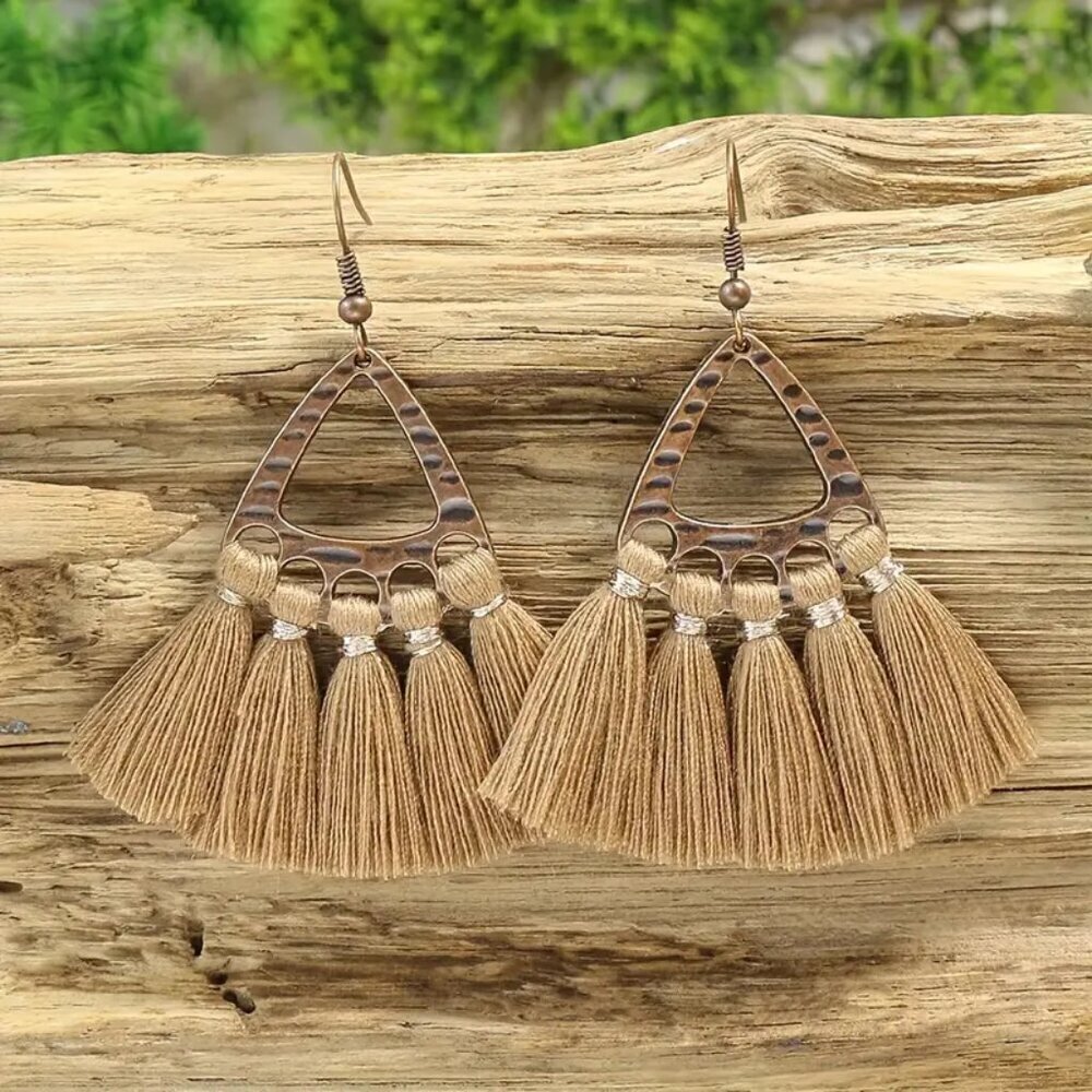 NEW pair BOHO brown tassel earrings, trendy vintage jewelry, retro earrings